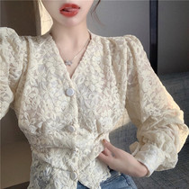 2022 early spring new French retro sexy lace flocking lantern sleeve shirt women's Joker v-neck cardigan top