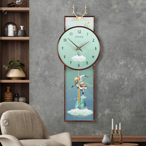 New Chinese style solid wood wall clock living room silent decorative painting wall clock personality creative atmosphere Chinese style hanging wall clock