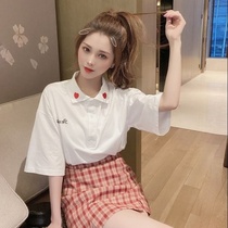 One piece / suit love embroidery top plaid skirt suit female college style high waist skirt two-piece summer