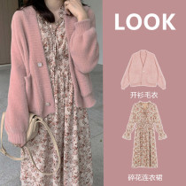 Autumn and winter gentle wind wear suit skirt sweet girl feeling pink sweater with floral dress fried street two-piece set