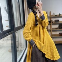 Uvanka spring and summer casual loose female shirt womens side open fork front short back long contrast color embroidery linen shirt