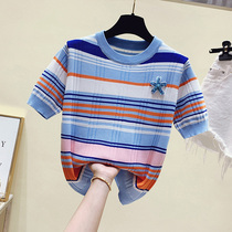 2021 Summer new Korean version Striped Ice Silk Knit Sweatshirt Female weight loss Lean Pink Blouse Women Short Sleeve Foreign Air