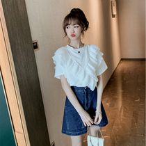 Summer New Ruffle French Top Student Chiffon Short Sleeve Heart Machine T-shirt Women White Design Sense base shirt