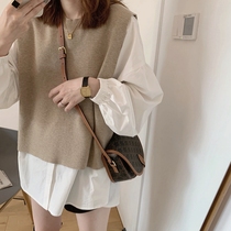 2021 spring and autumn new Hong Kong style suit womens long-sleeved shirt loose retro vest vest Western style two-piece suit tide