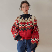 2021 autumn and winter new retro day ensemble Lazy Knit Design Sense small crowdage red Christmas sweater jacket woman