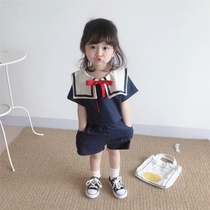 Girls Summer Summer Package 2022 New College Wind Girls Casual Two Pieces of Childrens Navy Small Short Shorts