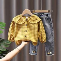 Girl set 2021 New Net Red foreign gas childrens spring women baby spring shirt jeans two-piece tide