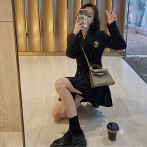 Black small man suit pleated dress women autumn 2021 new foreign style waist thin temperament slim skirt