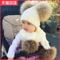 1-8 years old winter new childrens knitted hat scarf warm thickened female baby grass raccoon hair ball cap