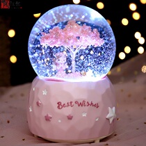 Dream cherry blossom crystal ball music box snowflake Angel dancing girl rotating music box Night Light female birthday gift