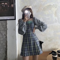 Korean version of retro chic wind soft girl slim square collar plaid dress female stitching slim body thin temperament skirt woman