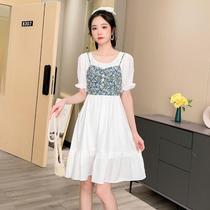 Back Bow Dress Women 2021 New Sweet Slim Design Sense Small Floral Skirt Two Piece