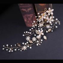 European hot selling bride headdress wedding golden leaves handmade soft women headgear Pearl Flower hairband dress hair accessories