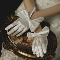 New bridal wedding glove bridesmaid dress white big bow wedding wedding short satin gloves