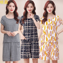 Moms summer short-sleeved shorts Cotton silk suit Middle-aged womens summer loose thin pajamas two-piece set