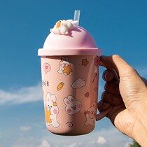 Rabbit straw water Cup cute girl heart student cartoon large capacity ceramic coffee milk mug with lid