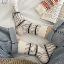 Socks women autumn and winter Korean stripe socks ins tide cotton socks students Japanese wild tide long tube pile socks w