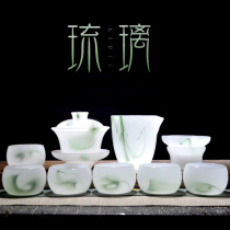 High-end Chinese Glazed Jade Porcelain Kung Fu Cover Bowl Tea Set Emerald Green Whole Set Household Bubble Teapot Cup Home