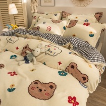 Winter cartoon milk velvet bed autumn and winter four-piece padded coral flannel quilt cover double-sided sheets three-piece set