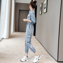 2021 autumn new Korean version of fashionable western style tooling high waist slim slim denim jumpsuit womens jumpsuit trend
