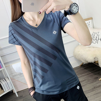 Elastic breathable quick-drying short-sleeved womens summer thin V-neck outdoor mountaineering hike sweat-absorbing running sports fast-drying T-shirt