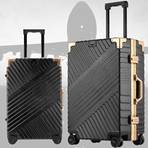Silent universal black wheel aluminum frame suitcase Vintage oblique stripe thickened aluminum alloy rod box Boarding suitcase
