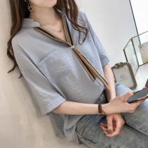  2021 summer womens new fashion striped tie shirt womens short-sleeved top loose all-match half-sleeved shirt tide