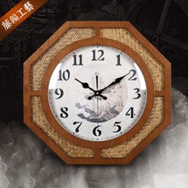 New Chinese bedroom living room wall clock Chinese style rattan quartz clock clock silent wood hanging watch
