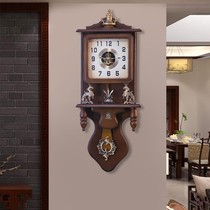Living room Chinese style hanging bell household retro timepiece Classical wood Antiquity Clock Half machinery Luxury decoration quartz clock