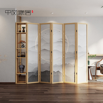Chinese screen partition living room Modern simple solid wood door folding entrance blocking push-pull storage rack