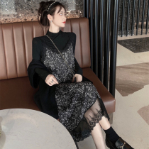 Fashion Set Women 2021 Spring and Autumn Joker High Neck base shirt Lace Floral Sling Dress Two Piece Set