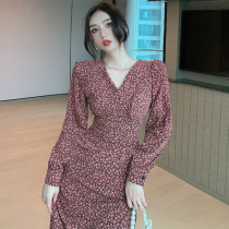 Floral Dress Women's 2021 Spring Summer Retro V-Collar Bubble Long Sleeve Chiffon Skinny Baking Tea Break Long Skirt