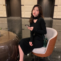 Long sleeve high collar hollow knit dress women's 2021 new temperament slimming knee base sweater dress