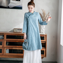 唐装女中国风中长款上衣汉服现代改良版茶服禅意文艺麻布女装棉麻