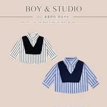 UK BOY STUDIO BOY SHIRT SPRING AUTUMN NEW STRIPE SPLICING CHILD PURE COTTON WHITE BLOUSE MALE