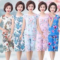Middle-aged mothers wear summer cotton silk pajamas women's summer short-sleeved middle-aged and elderly cotton suits summer cotton silk two-piece suit