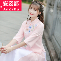 Republic of China girls' modified cheongsam top Chinese Tang suit Xia Fu ancient style Han suit Chinese style cotton hemp tea suit