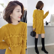 European station 2021 autumn and winter New European tide Korean loose round neck fold sweater womens sweater dress women
