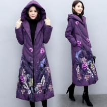 National style cotton-padded jacket women's long 2021 new winter vintage buckle printed cotton-padded jacket hooded padded jacket