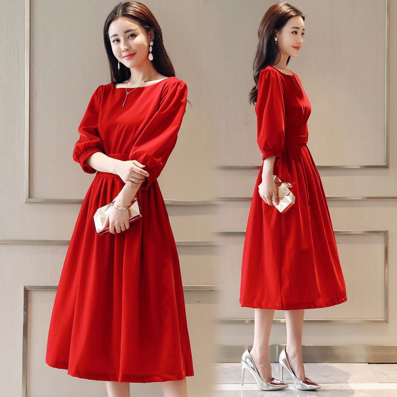 2018新款女装春装气质名媛小香风打底连衣裙灯笼袖收腰显瘦裙子潮