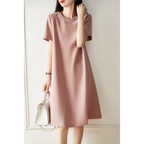 Xiu Xiu light luxury summer first love milk tea powder loose long dress~sweet temperament round neck short sleeve solid color dress