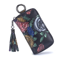 New Flow Lady Genuine Leather Fashion Rose Pattern Multifunction Large Capacity Small 8 Key Bits Small Card Bag