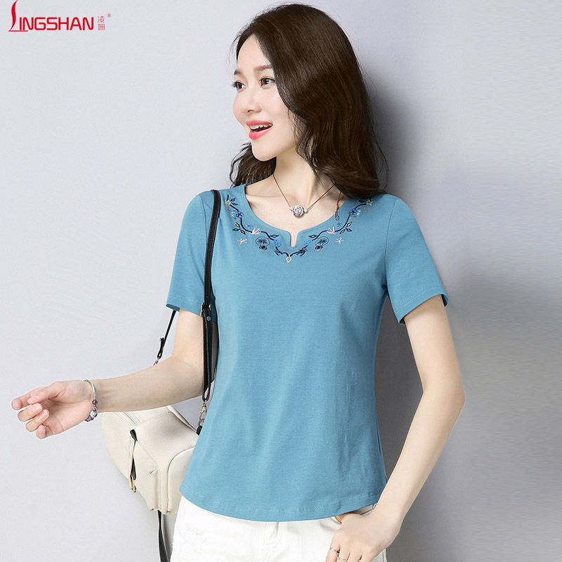 纯棉T恤女短袖夏装2018新款中年妈妈装刺绣衣