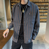 Long sleeve shirt mens autumn Tide brand trend Korean leisure sports striped shirt coat mens Japanese clothes