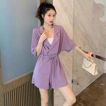 紫色连体裤女夏2020年新款韩范休闲西装连体衣收腰时尚网红短裤子
