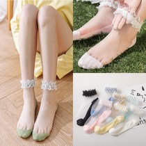 Net red super fire lace socks female net red glass silk crystal pearl socks Cotton ins tide summer thin section