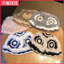 Photographed handmade crochet rabbit hair knitted hat children Winter plush buns cap snow warm Basin