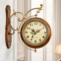 European-style solid wood pure brass double-sided wall clock American modern living room two-sided table Villa atmospheric solid wood quartz clock