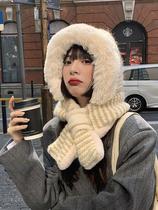 Fall winter plush ear protection Lei Feng hat scarf one female winter lamb wool cycling windproof thickened warm scarf