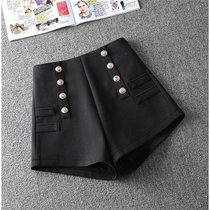 Wearing woolen shorts women's autumn and winter 2021 new high waist A- shaped boots Joker slim double-breasted wide leg pants